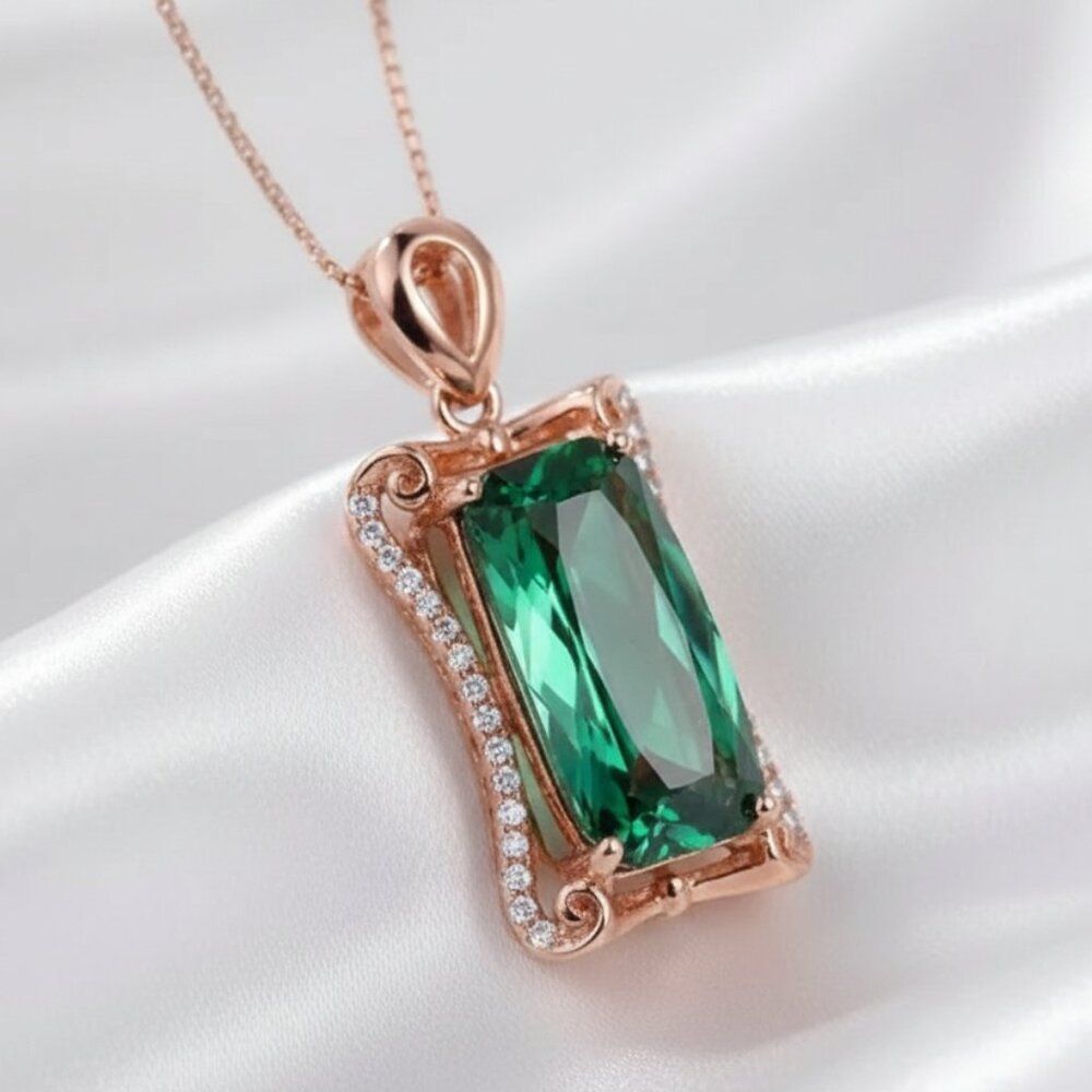 5 Carat Simulated Emerald CZ Pave Rose Gold Pendant Necklace NWOT
